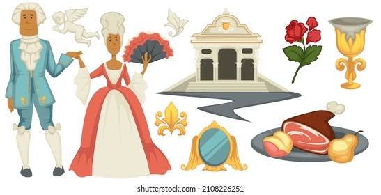 People wearing traditional baroque clothes with wigs, woman in dress with fan. Antique architecture and interior elements, mirror and accessory. Plate with meat and food, gold cup and rose vector