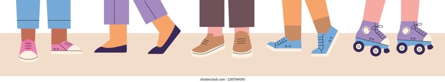 People wearing various shoes such as flat shoes, sneakers and roller skates. flat design style vector illustration.