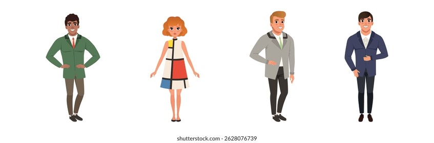 People Wearing Vintage Clothing and Retro Fashion Apparel Vector Set