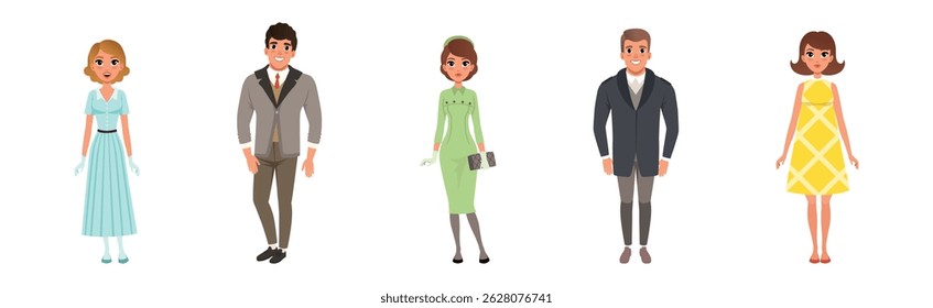 People Wearing Vintage Clothing and Retro Fashion Apparel Vector Set