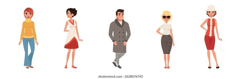 People Wearing Vintage Clothing and Retro Fashion Apparel Vector Set