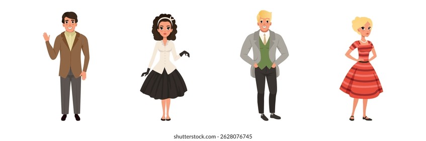 People Wearing Vintage Clothing and Retro Fashion Apparel Vector Set