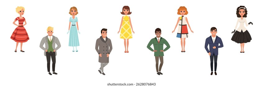 People Wearing Vintage Clothing and Retro Fashion Apparel Vector Set