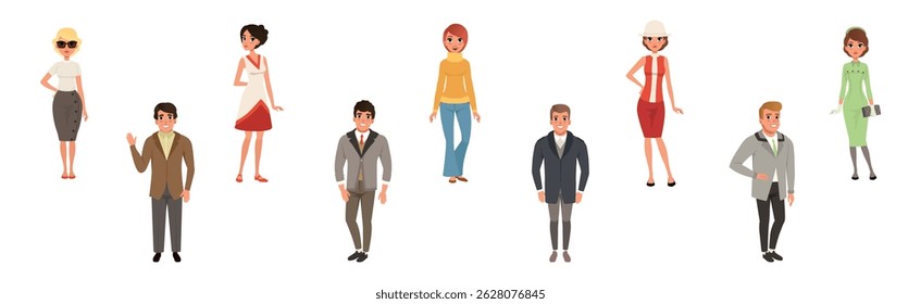 People Wearing Vintage Clothing and Retro Fashion Apparel Vector Set