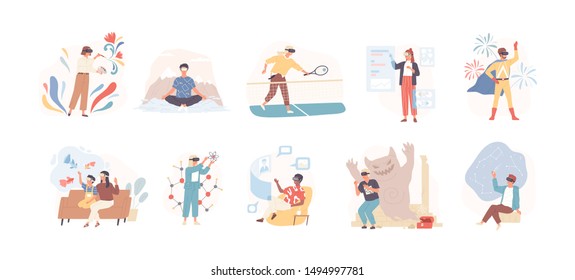 People wearing virtual glasses flat vector illustrations set. Youth having fun, playing tennis, drawing, meditating in VR headset isolated cartoon characters on white background. Modern entertainment.