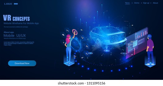 People wearing virtual headset. Isometric augmented future. An engineer designs an electric car . Concept of: cars, future, project and augmented reality. Vector
