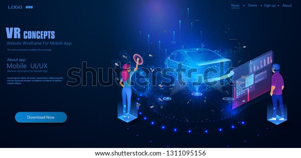 People wearing virtual
headset. Isometric augmented future. An engineer designs an
electric car . Concept of: cars, future, project and augmented
reality. Vector
