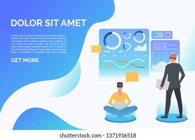 People wearing virtual reality glasses and working, sample text. Future, VR, cyberspace concept. Presentation slide template. Vector illustration for topics like business, technology, virtual reality