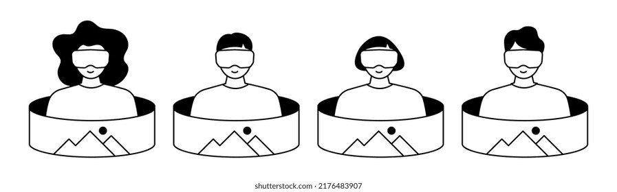 People wearing virtual reality glasses. Icon set