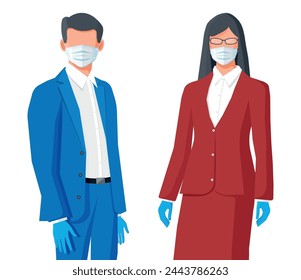 People wearing virus protection medical face mask and rubber gloves. Disposable mask on person face. Cloth respirator. Prevention against virus covid-19 coronavirus ncov. Flat vector illustration