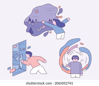 People are wearing VR glasses and experiencing a different space. flat design style vector illustration.