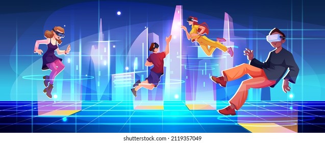 People wearing VR glasses and floating in space. Vector metaverse and new network for character to live. Future innovations and communication concept. Entertainment and visual experience illustration - Shutterstock ID 2119357049