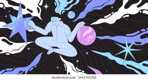 People wearing VR glasses and floating in space. Vector metaverse and new network for character gamers. Future innovations and communication concept. Entertainment and visual experience technology.