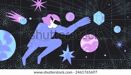 People wearing VR glasses and floating in space. Vector metaverse and new network for character gamers. Future innovations and communication concept. Entertainment and visual experience technology.