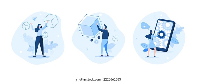 People wearing VR glasses or headset, looking at virtual objects, using smartphone. Concept of innovative device for augmented reality, hi-tech innovation. Collection of flat vector illustrations.