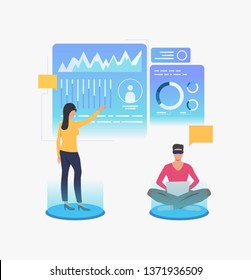People wearing VR glasses and working in virtual interface. Future, VR, cyberspace concept. Vector illustration can be used for topics like business, technology, virtual reality