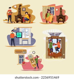 People wearing warm clothes at home. Reducing air conditioner temperature. Economy of energy. Warm at home. Freezing near fireplace, potbelly stove. Heating concept. Set, collection