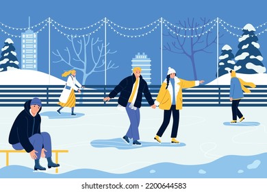 People wearing warm outwear skating on outdoor ice rink on winter holiday flat vector illustration