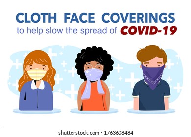 People wearing washable fabric face mask or cloth face covering to help slow the spread of virus and protect themself from COVID-19 sign. Diverse young adults character. Vector illustration