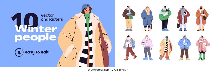 Personas que llevan conjunto de ropa de invierno. Diversos hombres y mujeres se envuelven en bufandas, sombreros, mitones y abrigos. Personajes en ropa exterior para el Clima frío y las heladas. Ilustraciones vectoriales aisladas planas en blanco