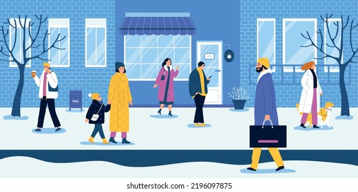 People wearing winter outwear walking along city street with dog bags smartphone coffee flat vector illustration