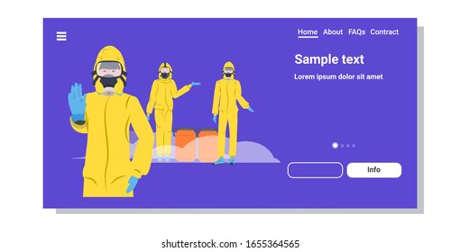 people wearing yellow hazmat suits and protection masks to prevent epidemic MERS-CoV wuhan coronavirus 2019-nCoV pandemic medical health risk copy space horizontal vector illustration