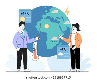 Pessoas com previsão do tempo. Mulher e homem com ponteiro perto do planeta. Previsão do tempo e apresentadores de show meteorológico na TV. Meteorologistas em estúdio. Ilustração de vetor linear