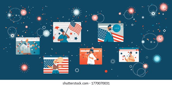 personas en las ventanas del navegador web celebrando el 4 de julio Día de la Independencia concepto chat burbuja comunicación en línea reunión vertical horizontal ilustración vectorial