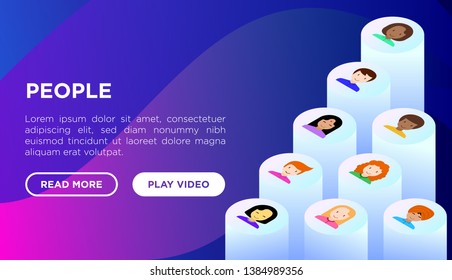 People web page template with flat isometric icons: smiling cartoon male and female heads. Avatars of people with different races: caucasian, asian, african, hindu. Modern vector illustration.