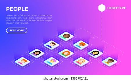 People web page template with flat isometric icons: smiling cartoon male and female heads. Avatars of people with different races: caucasian, asian, african, hindu. Modern vector illustration.