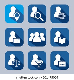 People and web symbols flat icons set with long shadow. Social networking and communication.