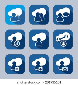 People and web symbols flat icons set with long shadow. Social networking and  communication. 