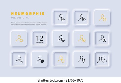 People with website buttons set icon. Plus, minus, star, favourite, dollar sign, cross, magnifier, gear, shield, pointer. Internet concept. Neomorphism. Vector line icon for Business and Advertising.