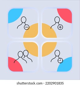 People with website buttons set icon. List of clients, contacts, minus, remove, plus, add, clock, waiting time, loading. Business concept. Neomorphism. Vector line icon for Business and Advertising.