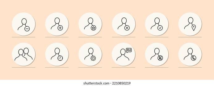 Leute mit Schaltflächen auf der Website setzen Icon. Aktionen, minus, plus, Stern, Kreuz, Markierung, Zeiger, Uhr, Gang, Sprechblase, Telefon. Geschäftskonzept. Pastellfarbener Hintergrund. Vektorliniensymbol.