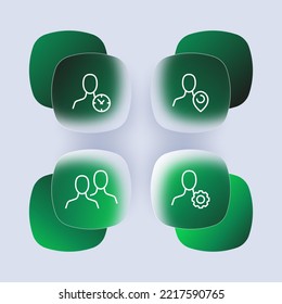 Leute mit Schaltflächen auf der Website setzen Icon. Management, Kunden, Kundenbasis, Uhr, Ortszeiger, Getriebe, Einstellungen. Geschäftskonzept. Brillmorphismus-Stil. Vektorsymbol für Unternehmen und Werbung