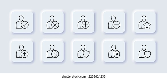Icono de conjunto de botones de sitio web. Marcar, cruzar, más, menos, estrella, flecha arriba, dólar, escudo bloqueo, corazón, aprobar, eliminar, acciones, base de clientes. Concepto de negocio. Neomorfismo