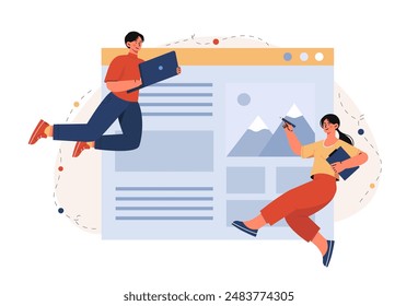 People with website. Man and woman with laptop and pencil near webpage site. Graphic designer create UI and UX elements. Freelancers and remote workers. Flat vector illustration isolated on background