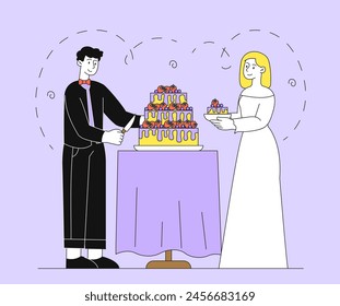 People with wedding cake simple. Man in black suit and woman in white dress near dessert and delicacy. Marriage ceremony. Bride and groom, husband and wife. Doodle flat vector illustration