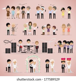 People At A Wedding, Dancing And Wedding Couple - Isolated On Pink Background - Vector Illustration, Graphic Design Editable For Your Design.