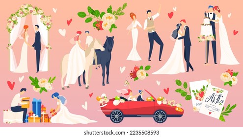 People wedding  marriage vector illustration flat set  cartoon newlyweds character romantic wedding ceremony scene  honeymoon traveling
