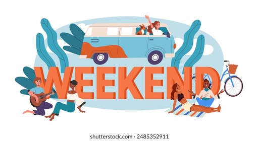 People weekend poster. Woman with dog rides van, friends playing guitar and girls sunbathing at blanket. Leisure and rest, recreation. Flat vector illustration isolated on white background