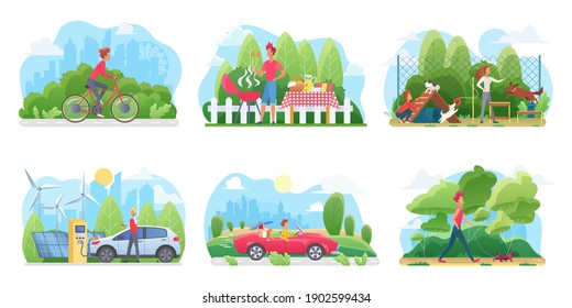 People in weekend vacation vector illustration. Cartoon man woman characters ride bicycle, grill picnic food, play and walk pet dog, happy family drive car along road on journey tour isolated on white Bckground