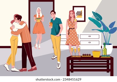 La gente da la bienvenida a los invitados en su casa abrazándolos y tratándolos con bebidas y aperitivos ilustración vectorial plana