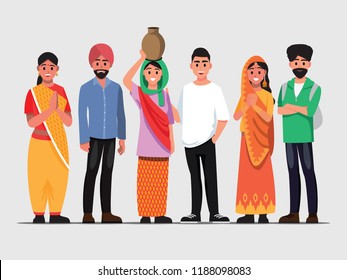 People Welcome To In India,vector Illustration Of Indian Couple Of Different Culture 