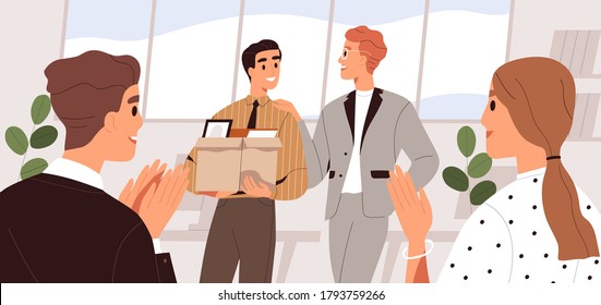 People welcome new team member in the office. Colleague introduction and acquaintance. First day at work concept. Friendly coworkers applauding, meeting employee. Flat vector cartoon illustration