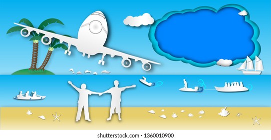 people welcome and passenger plane to the beach with sea view and boatman outdoor background of paper art style,vector or illustration with travel concept,blue frame and copy space