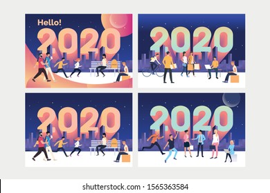 People welcoming New Year set. Urban men and women walking, doing shopping, using gadgets. Flat vector illustrations. New Year, city lifestyle concept for banner, website design or landing web page