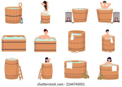 People and wellness spa procedures in wooden water barrel, home sauna concept with man and girl in bath tube with hot water. Set of cartoon characters sitting in cloud of steam and having rest