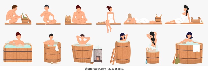 People and wellness spa procedures in wooden water barrel, home sauna concept with man and girl in bath tube with hot water. Set of cartoon characters sitting in cloud of steam and having rest